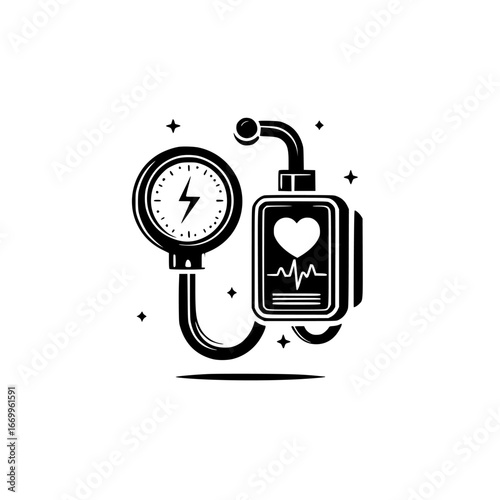 Blood Pressure Monitor and Heartbeat Line Medical Device, minimalist monochrome icons