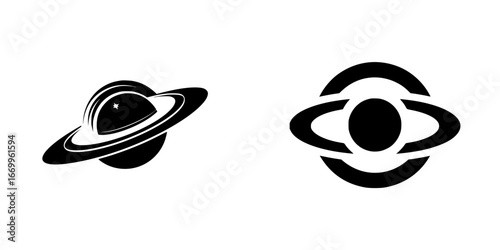Stylized Saturn planet with rings and abstract eye symbol, minimalist monochrome icons