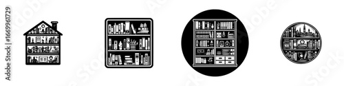 Stylized bookshelves with books and decor items, minimalist monochrome icons