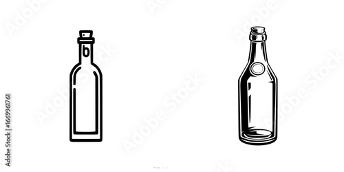 Two glass bottles with stoppers and caps, minimalist style, minimalist monochrome icons