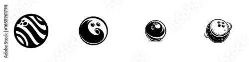 Bowling ball symbols with abstract cosmic patterns, minimalist monochrome icons