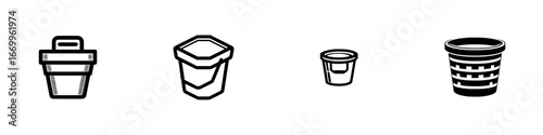 Stylized buckets and containers in black and white outline, minimalist monochrome icons