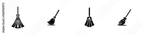 Stylized broom icons with handles and bristles, isolated on white, minimalist monochrome icons
