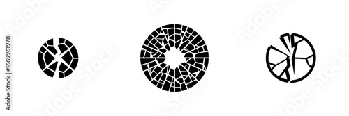 Abstract shattered circle icons, broken geometric shapes, fragmented design elements, minimalist monochrome icons