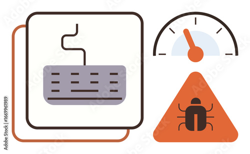 Keyboard, insect warning inside triangular sign, and speedometer gauge icon. Ideal for cybersecurity, bug tracking, coding, data analysis, IT operations, system optimization software debugging