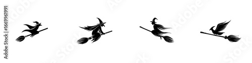 Witches on broomsticks silhouettes for Halloween, minimalist monochrome icons