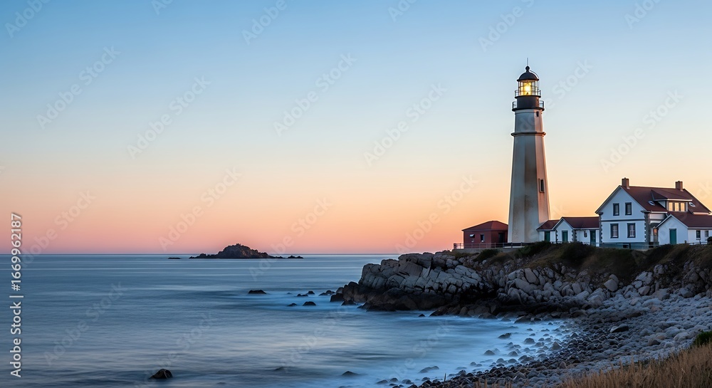 Naklejka premium A tranquil coastal scene at sunrise, featuring a majestic lighthouse standing guard over the calm ocean.