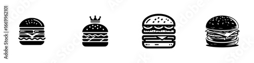 Stylized hamburger icons with diverse fillings and designs, minimalist monochrome icons