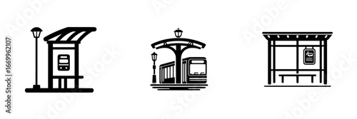 Public transit stations with shelters and street lamps, minimalist monochrome icons
