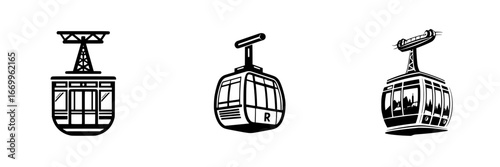 Cable Car Gondola Transportation Icons, minimalist monochrome icons