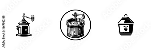 Antique kitchen tools for food preparation and preservation, minimalist monochrome icons