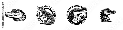 Alligator Head and Body Tribal Pattern Graphics, minimalist monochrome icons