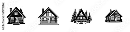 Rustic log cabins and A-frame houses with chimneys, minimalist monochrome icons