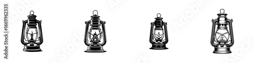 Vintage kerosene lamps with glass chimneys and metal frames, isolated on white, minimalist monochrome icons
