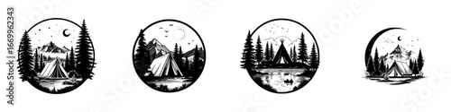 Mountain camping scene with tent and starry night sky, minimalist monochrome icons