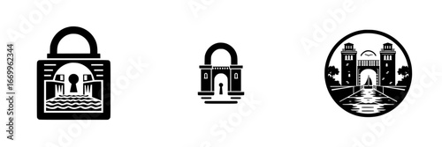 Abstract architectural padlock symbols with water and bridge elements, minimalist monochrome icons
