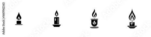 Stylized black candle icons with flames on white background, minimalist monochrome icons