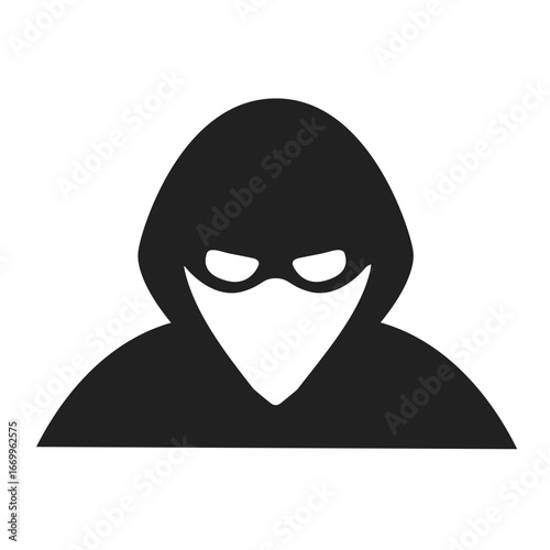 A black and white icon of a mysterious hooded figure with a mask covering their face, suggesting a thief or criminal.