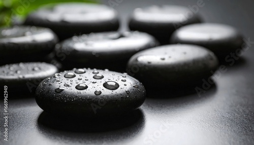 A close-up shot of a group of smooth, black massage stones with water drops on the surface, on a dark, flat background, a concept for health, wellness, and spa therapy