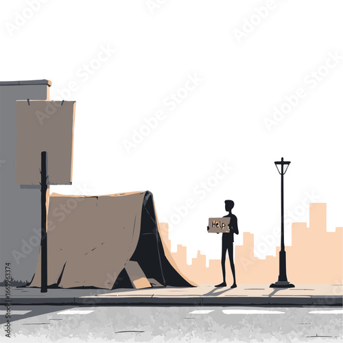 Homeless man sitting on urban street