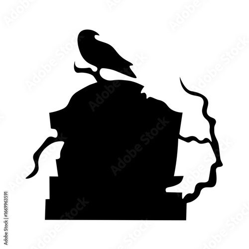 Silhouette of a raven perched on a gravestone with bare branches, evoking a gothic and somber atmosphere.