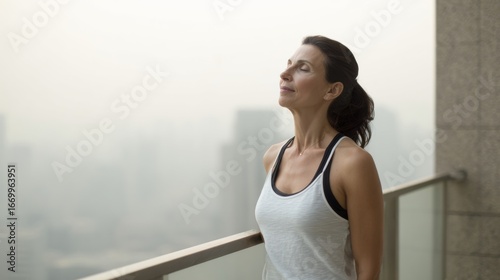 Woman practicing breathwork on balcony, enjoying serene morning atmosphere of city skyline. soft bokeh effect enhances peaceful ambiance, creating moment of tranquility Free Download Woman practicing breathwork on balcony, enjoying serene morning atmosphere of city skyline. soft bokeh effect enhances peaceful ambiance, creating moment of tranquility - GFXLoad