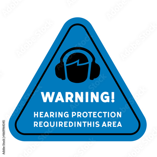 A blue triangular warning sign indicating that hearing protection is required in this area, featuring a black silhouette of a person wearing earmuffs.