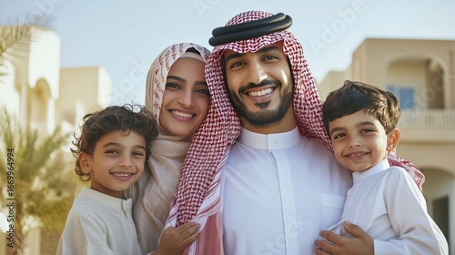 Happy Saudi family smiling together outdoors in traditional dress