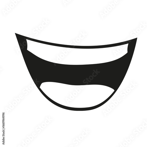 A simple black and white illustration of a wide open mouth with teeth showing.