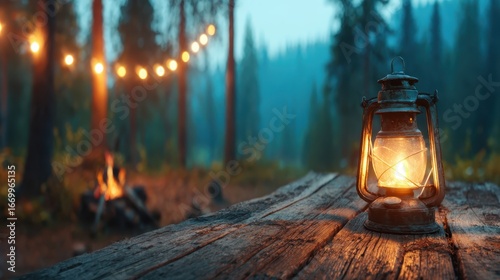 An antique lantern illuminates a forest setting, evoking a sense of warmth and adventure, perfect for cozy nights spent around a campfire in nature.