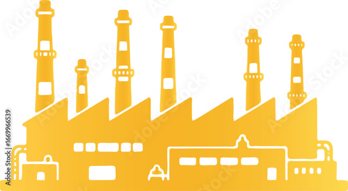 Industrial factory golden silhouette with smoke stacks, vector icon
