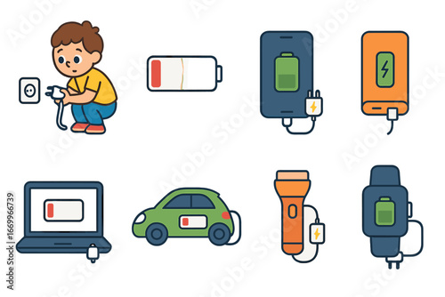 Charging Icon Set. Flat vector mini-illustrations charging needed in colors children's illustrations: child searching for charger,
