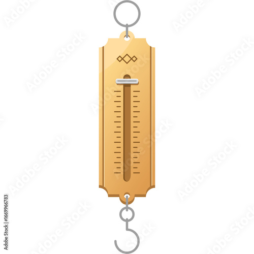 A brass spring scale with a clear measurement scale and a hook for weighing objects.