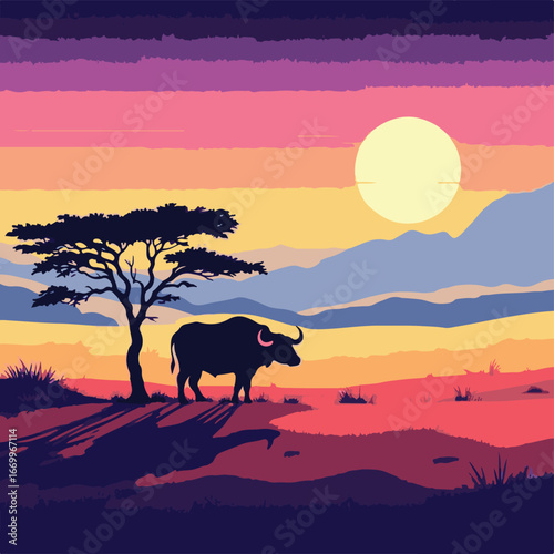 Silhouette of buffalo under moonlight scene