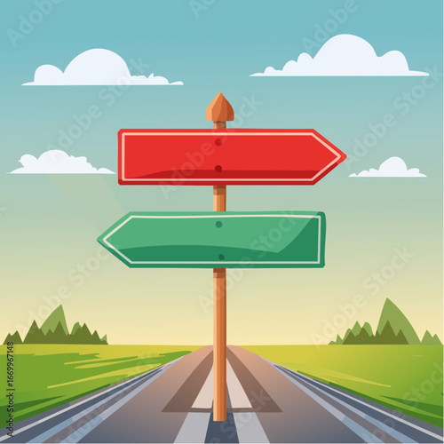 Red and green arrow post sign Right Way and Wrong Way