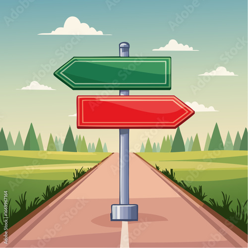 Red and green arrow post sign Right Way and Wrong Way