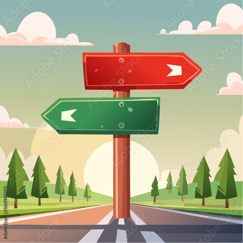 Red and green arrow post sign Right Way and Wrong Way
