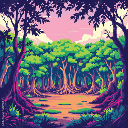 Vibrant jungle path surrounded by greenery