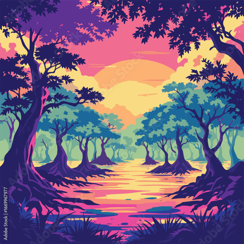 Mangrove trees in shallow water swamp