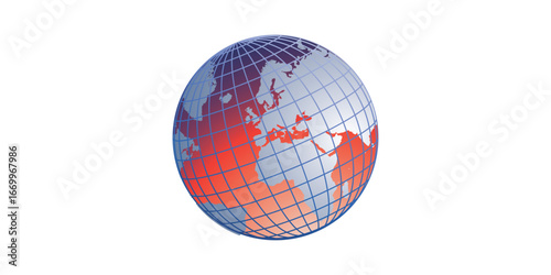 Globe with Grid Lines and Red Landmasses Depicting Earth.