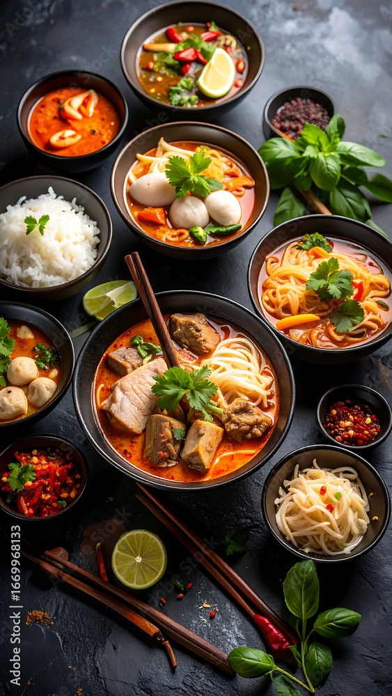 custom made wallpaper toronto digitalVaried bowls of aromatic, flavorful Asian cuisine, including noodles, rice, and meats, garnished with fresh herbs and chilies, presented on a dark surface