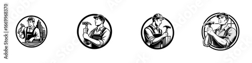 Construction worker with hammer and hard hat in circular emblem, minimalist monochrome icons