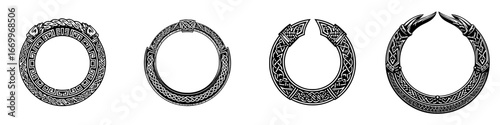 Celtic Knotwork Circular Frames with Animal Designs, minimalist monochrome icons