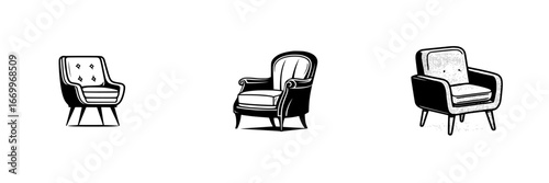 Three vintage upholstered armchairs with decorative tufting, clean graphic design, minimalist monochrome icons
