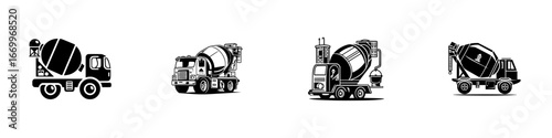 Four concrete mixer trucks in silhouette for construction industry, minimalist monochrome icons