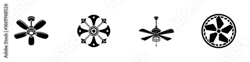 Ceiling fan icons and decorative circular motifs, minimalist monochrome icons