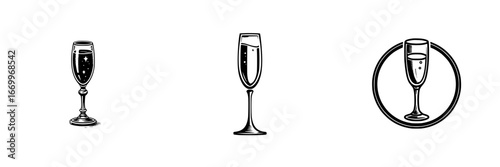 Champagne Flutes with Bubbles and Stars, minimalist monochrome icons