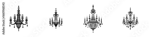 Ornate Chandeliers with Candle Holders and Crystal Drops, minimalist monochrome icons