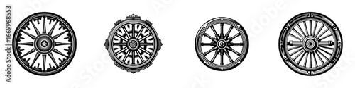 Ornate spoked wheels with detailed hubs and rims in black and white, minimalist monochrome icons