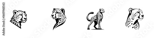 Cheetah Head and Body Profiles, Black and White, minimalist monochrome icons